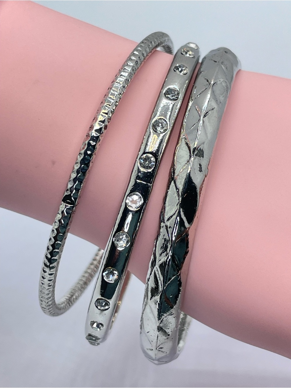 Silver Tone Stackable Bangle Set Rhinestone Textured Bracelets
